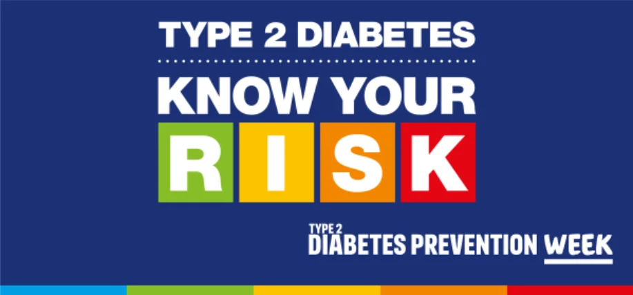 White text on a dark blue background. Text reads Type 2 Diabetes, know your risk.